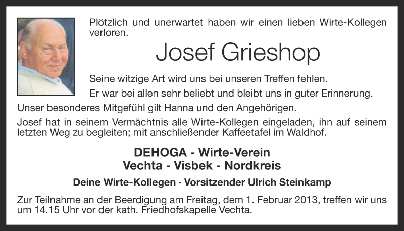  Traueranzeige für Josef Grieshop vom 29.01.2013 aus OM-Medien